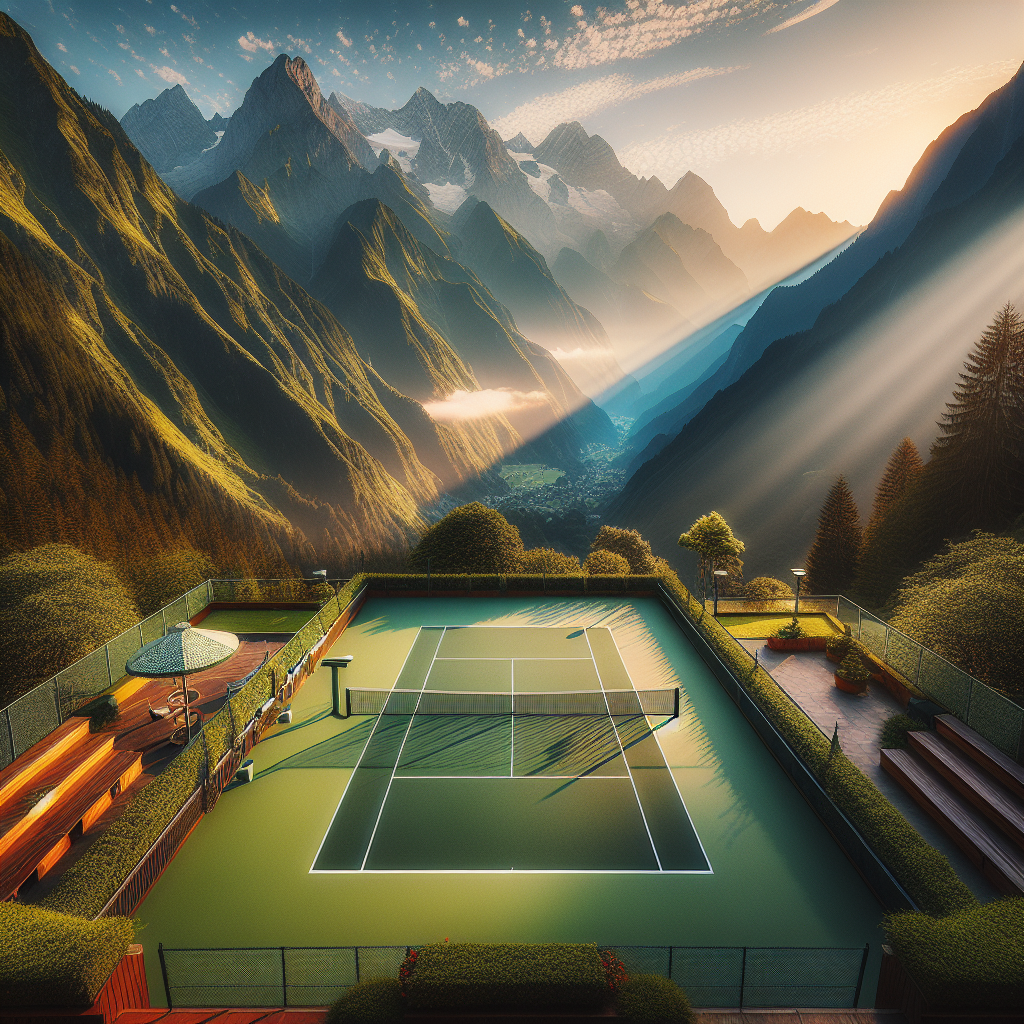 DALL-E Generated Image for the "tennis court surrounded by glorious mountains in the morning sunlight" prompt